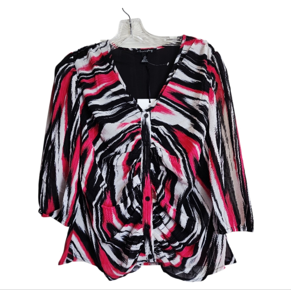 A Love Story Riverton Georgette Ruched V-Neck Blouse Top Ziggy Print Sz Small